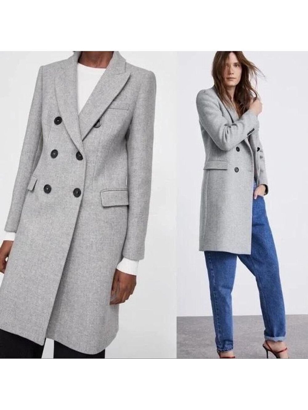 NEW ZARA DOUBLE BREASTED MANTECO PREMIUM QUALITY FABRICS COAT GRAY Sz M